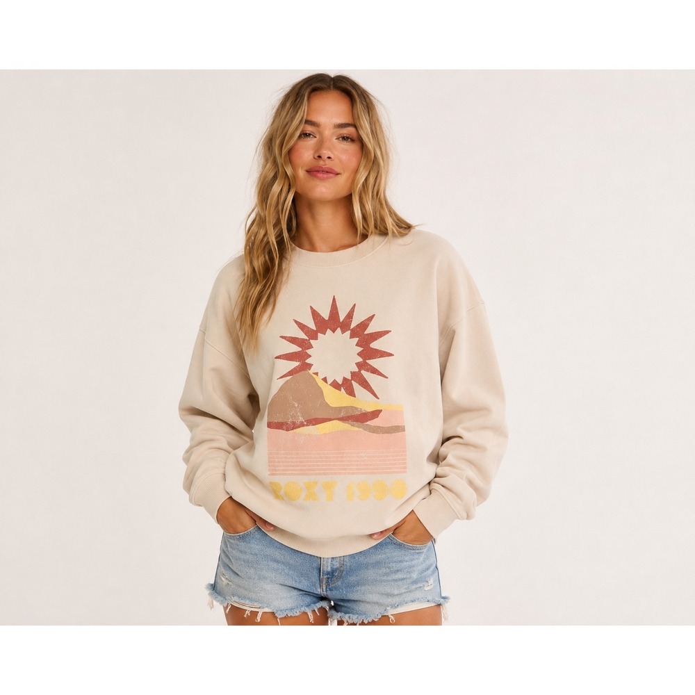Roxy 1990 Graphic Sweatshirt Beige Crewneck Pullover XS Oversized Surf Retro